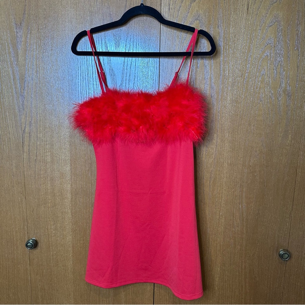 NWT Dolls Kill/Sugar Thrillz Red Feather Trim Mini Dress - Large